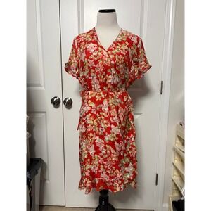 J. Jill Red Floral Wrap Dress Short Sleeve V-Neck Midi Medium